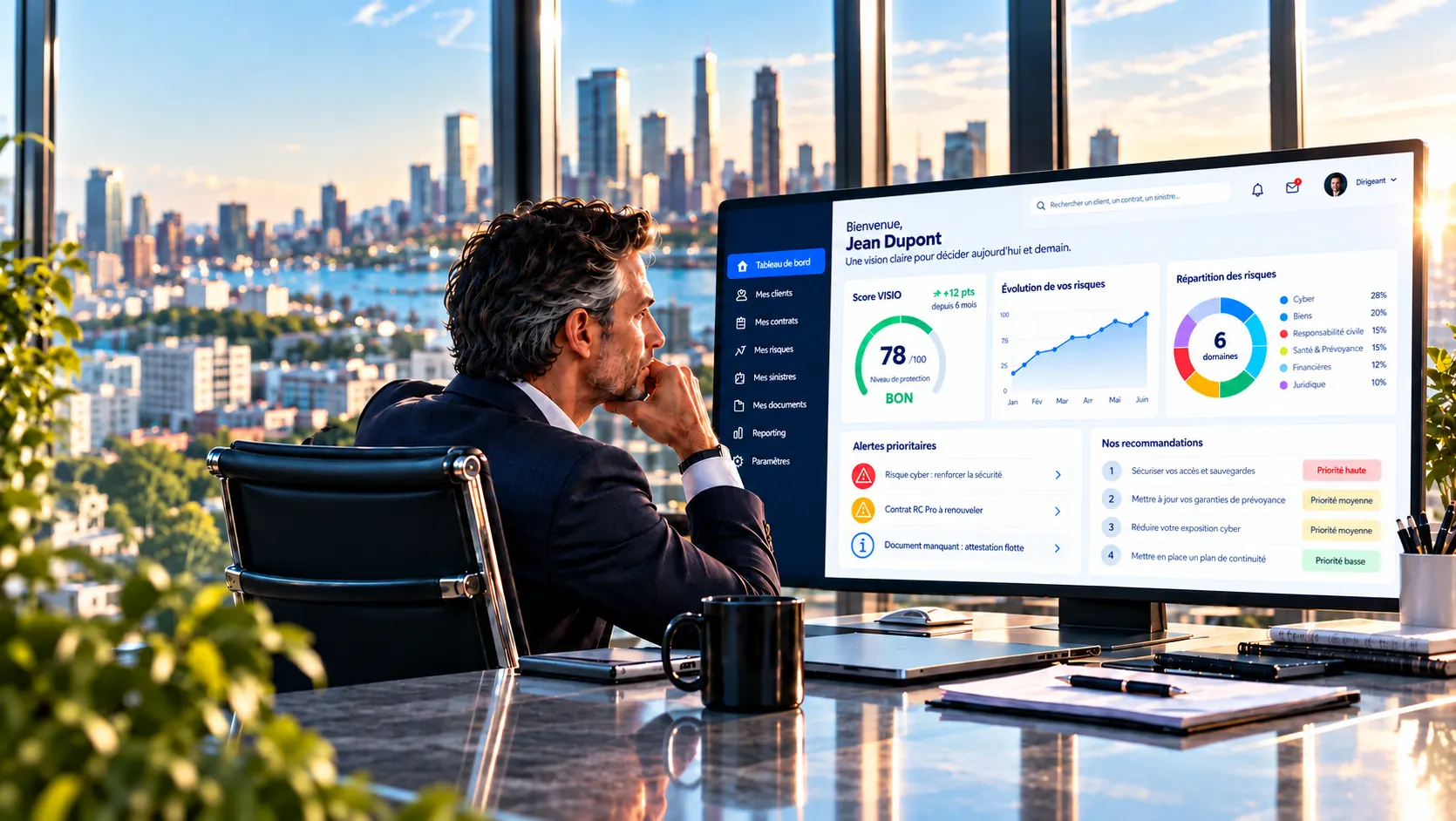 Un dirigeant consulte le tableau de bord Risk Office de VISIOassur : score VISIO de 78 sur 100, &eacute;volution et r&eacute;partition de ses risques, alertes prioritaires et recommandations.